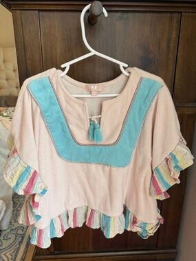 Girls Pink Terry Sweatshirt with Blue Yoke & Multicolor Ruffle Trim